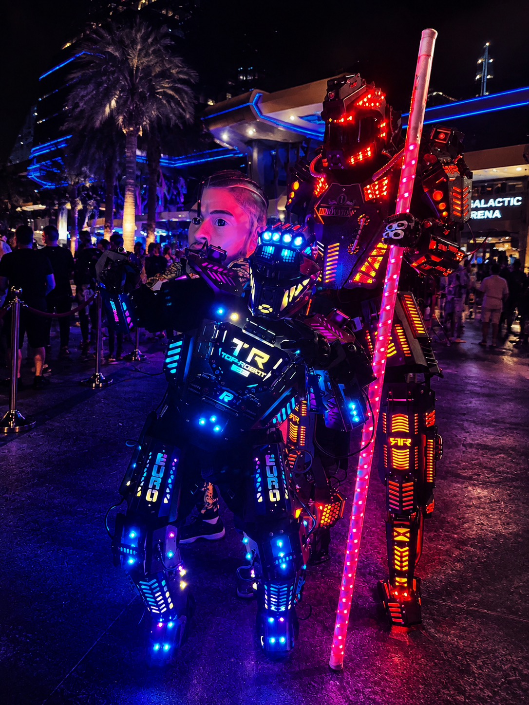 Futuristic illuminated robot performer