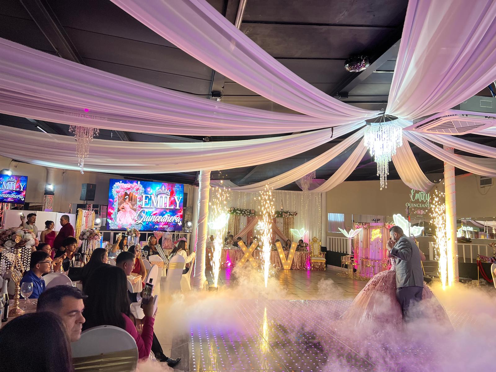 Cold spark machines creating a bright entrance effect at a celebration