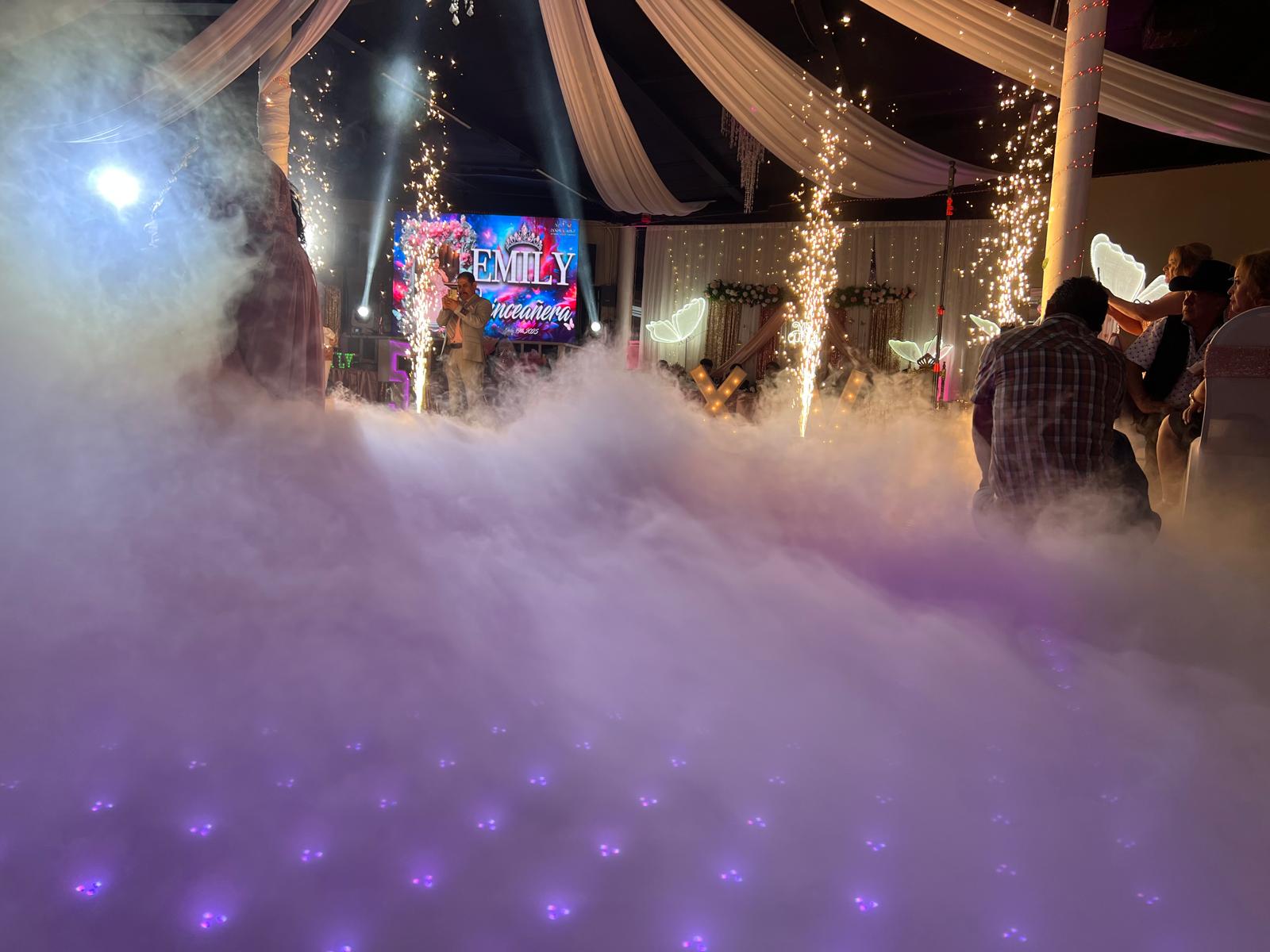 Cold spark effects surrounding a celebration dance floor